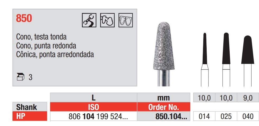 Fresas diamantadas Fig. 850 Grano Medio Cono punta redonda HP 3u EDENTA