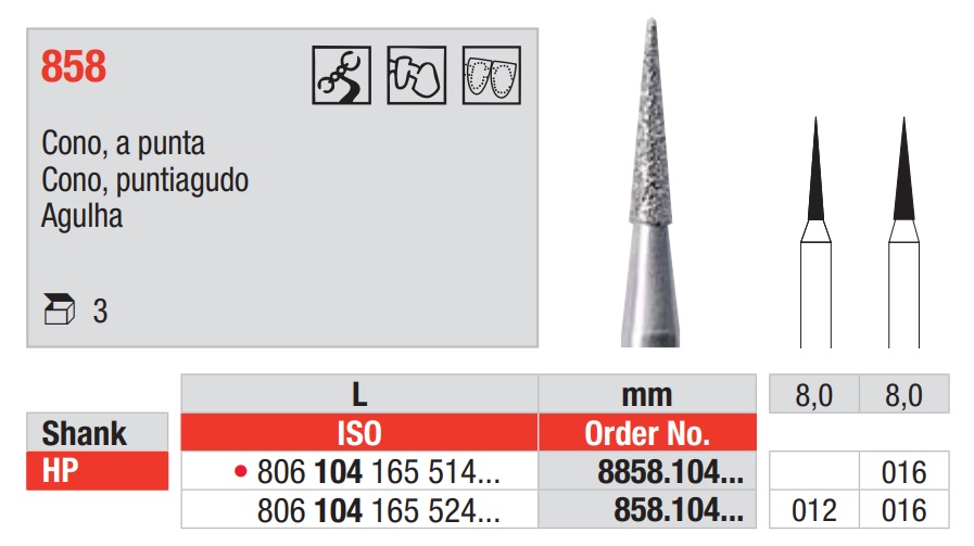 Fresas diamantadas Fig. 858 Grano Medio Cono Puntiagudo HP 3u EDENTA