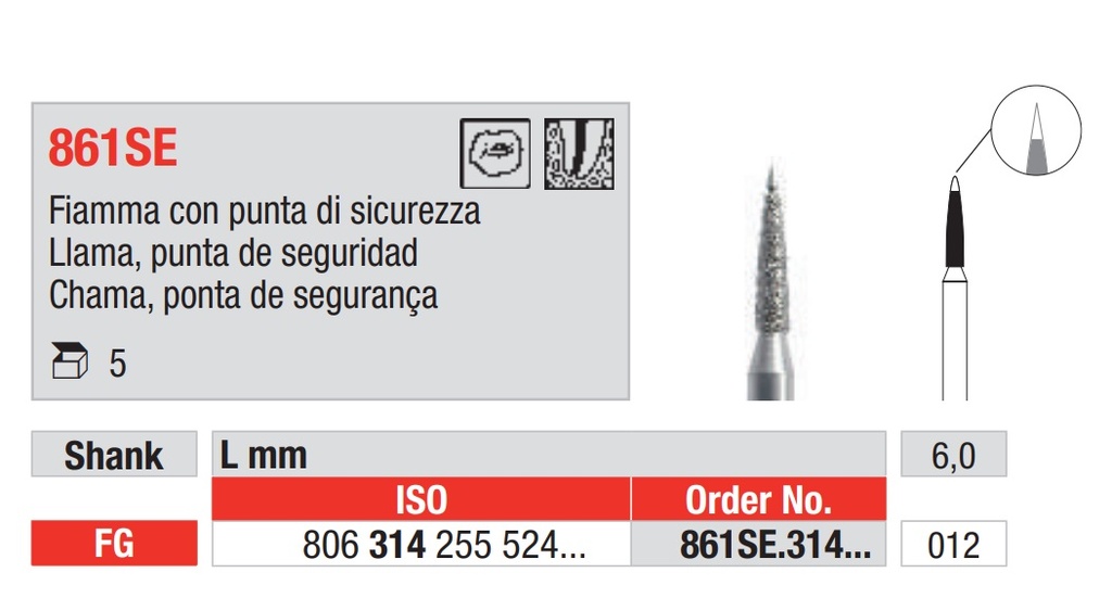 Fresas Diamantadas 861SE Grano Medio Llama Punta Seguridad FG 5u EDENTA